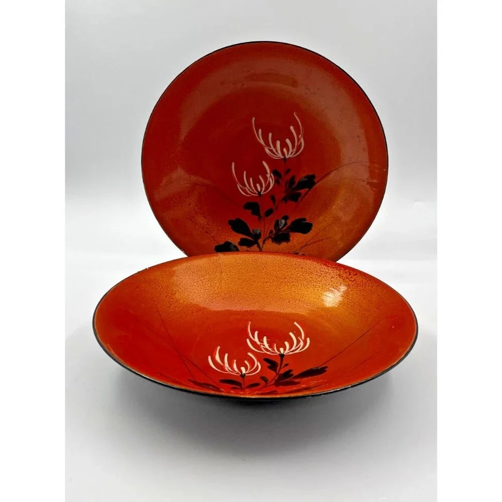 2 Vintage Japanese Orange Lacquer Ware Bowls 9